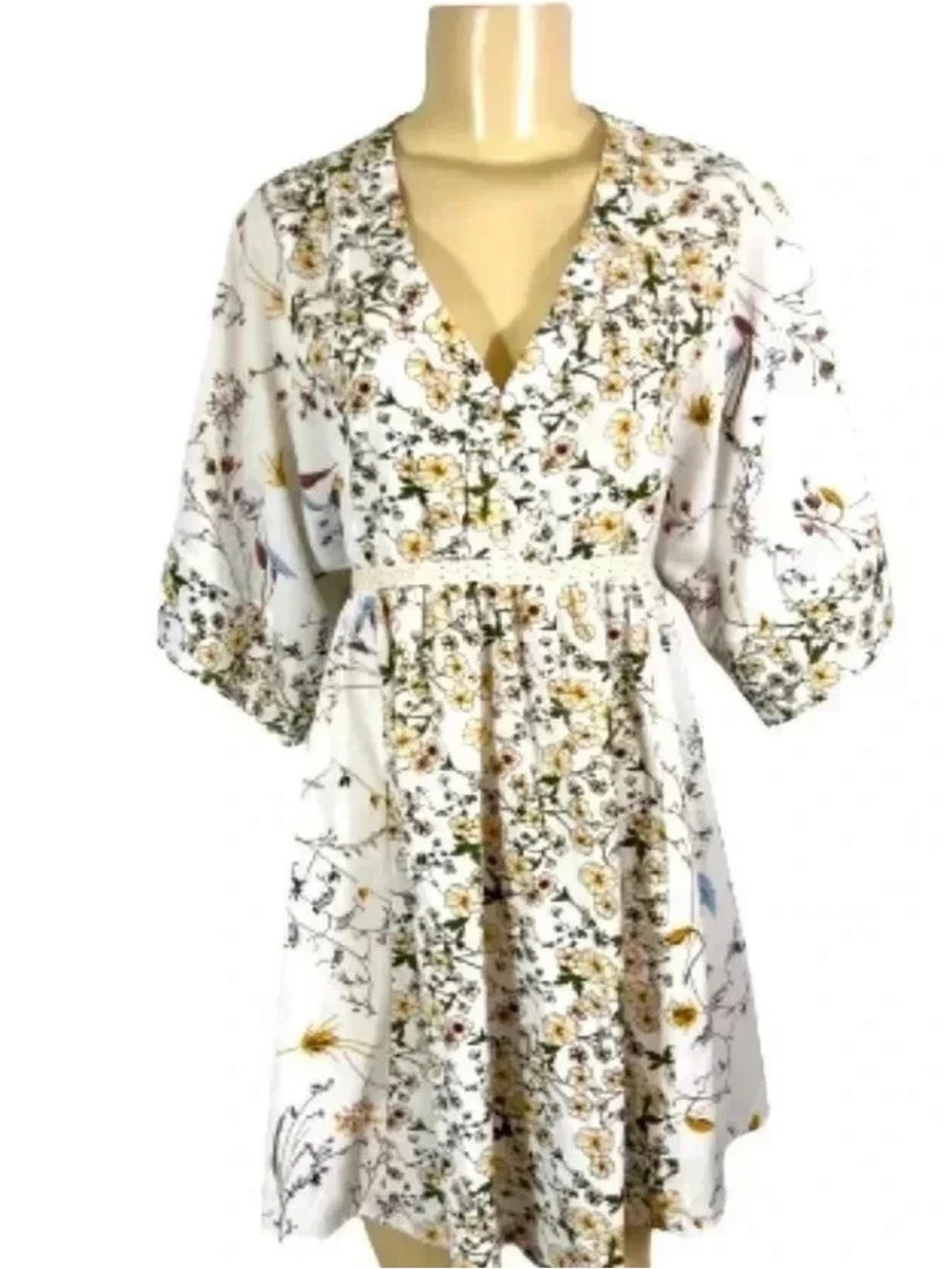 Umgee Cottagecore White Floral V-Neck‎ Babydoll Dress